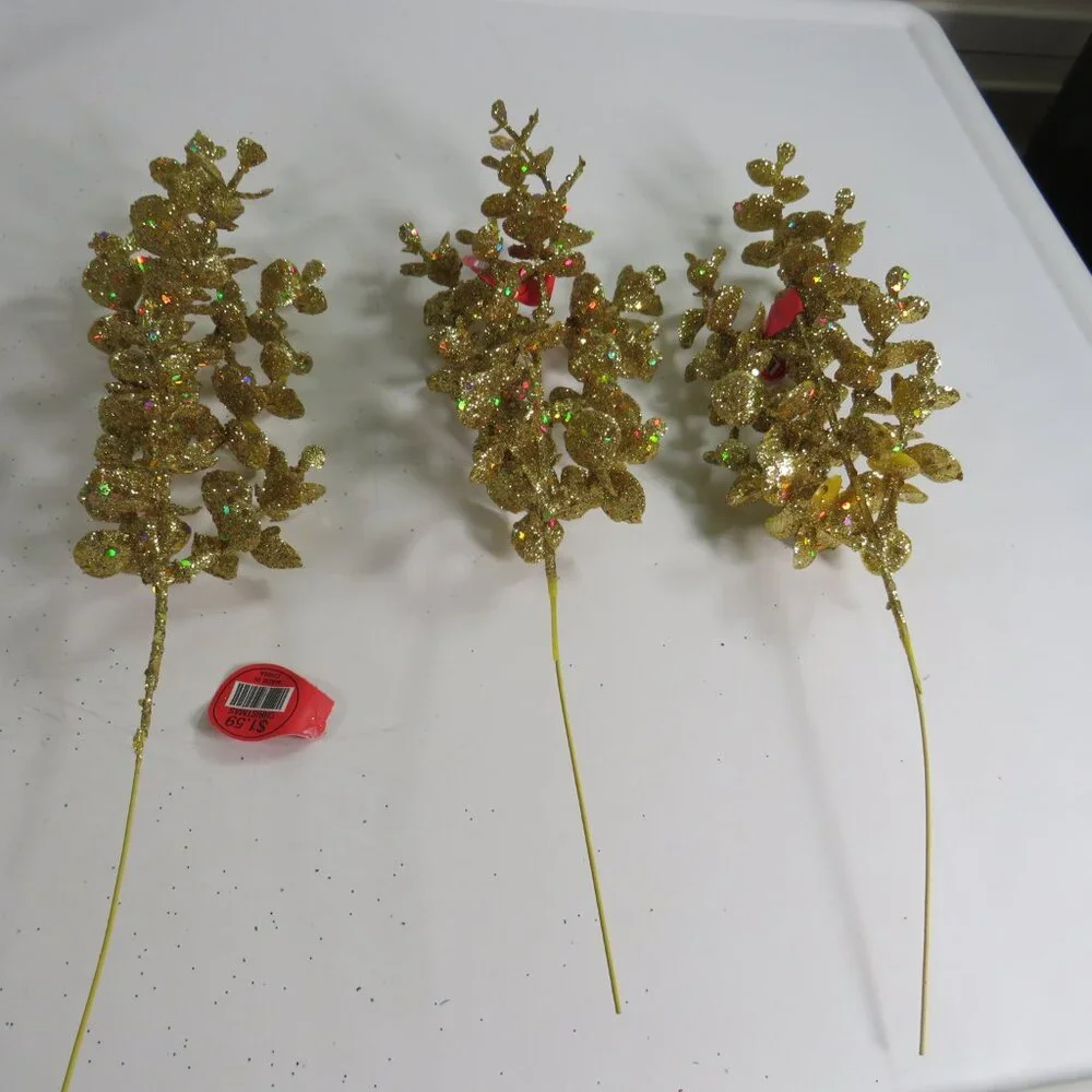 Gold Glitter Leaves with RAINBOW Glitter mixed in (3) Floral Stems Faux Floral